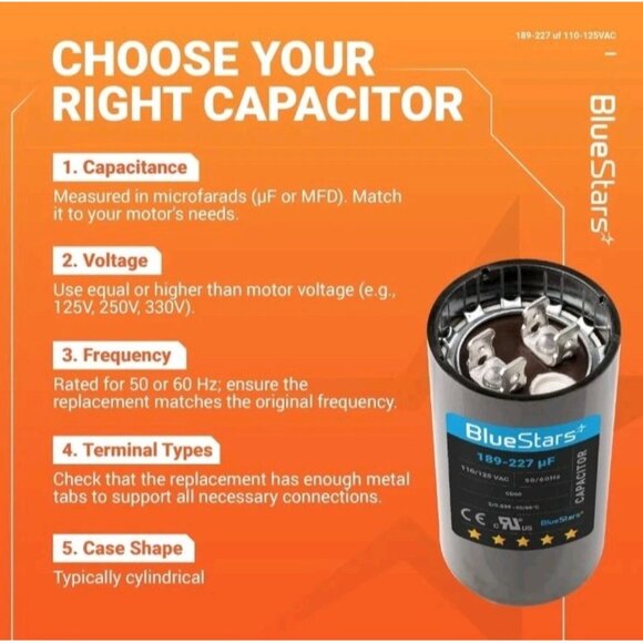 BlueStars Ultra Durable 189-227 uf/MFD 125 VAC Volts Round Start Capacitor 50/60 - Picture 6 of 12